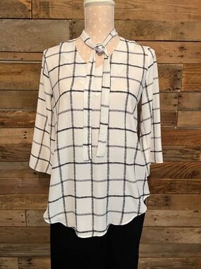 Cato White Blouse with Black Windowpane Tie-Neck